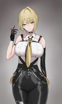 1girl arm_strap bare_shoulders black_pants blonde_hair blush breasts chest_harness commentary cowboy_shot earrings elbow_gloves english_commentary evelyn_chevalier gloves grey_background half-closed_eyes half_gloves hand_up harness head_tilt high-waist_pants highres jewelry large_breasts latex_pants looking_at_viewer mole mole_under_eye mulhubs necktie pants parted_lips pendant_collar purple_eyes ring_hair_ornament shirt shirt_tucked_in single_earring single_elbow_glove single_half_glove sleeveless sleeveless_shirt solo tight_clothes tight_pants white_shirt yellow_necktie zenless_zone_zero