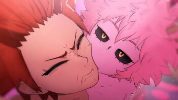 1boy 1girl 3d ashido_mina biting biting_cheek black_sclera boku_no_hero_academia close-up closed_eyes closed_mouth collarbone colored_sclera colored_skin commentary completely_nude english_commentary frown greatm8 half-closed_eyes highres horns jitome kirishima_eijirou nude photoshop_(medium) pink_hair pink_skin red_hair short_hair source_filmmaker_(medium) v-shaped_eyebrows yellow_eyes