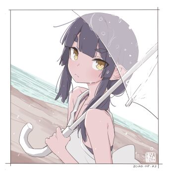 1girl akari_(raigou) beach black_hair border closed_mouth dated elf highres holding holding_umbrella original outdoors pointy_ears raigou rain seal_impression sidelocks solo thick_eyebrows transparent transparent_umbrella umbrella white_border yellow_eyes