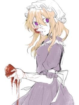 1girl back_bow blonde_hair blood bow commentary dated_commentary dress flesh frilled_shirt_collar frills guro highres holding long_hair looking_at_viewer maribel_hearn open_mouth oriharareimu puffy_short_sleeves puffy_sleeves purple_dress purple_eyes short_sleeves simple_background sleeve_garter smile solo touhou tumor white_background white_bow
