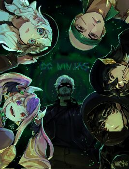 2girls 4boys arthropod_boy artist_name bald beanie black_hair colored_skin commentary corrupted_twitter_file demon_girl duck_boy duck_wings elquackity english_text etoiles_(youtuber) extra_eyes fangs fitmc from_below green_skin hat head_wings headband heterochromia highres hood hood_up ironmouse looking_at_viewer looking_down minecraft_youtube multicolored_hair multiple_boys multiple_girls oibagi open_mouth pink_hair purgatory_(quackity_smp) quackity_smp roier_(youtuber) smile spanish_commentary spider_boy team_green_ninjas_(quackity_smp) twintails virtual_youtuber vshojo white_hair whyyypng wings