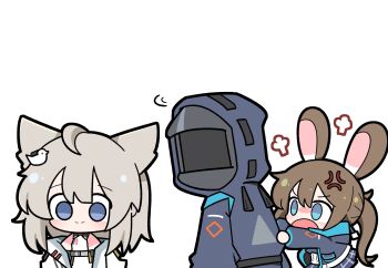 1other 2girls ambiguous_gender amiya_(arknights) anger_vein angry animal_ears arknights arknights:_endfield bare_shoulders bird_ears bird_girl blue_coat blue_eyes blue_jacket blue_skirt brown_hair closed_mouth coat diamond_(shape) distracted_boyfriend_(meme) doctor_(arknights) dress grey_hair hair_between_eyes highres hood hooded_coat jacket jealous long_hair long_sleeves looking_at_another looking_back malrangdonut meme miniskirt multiple_girls off_shoulder open_clothes open_jacket open_mouth perlica_(arknights) pleated_skirt rabbit_ears rabbit_girl simple_background skirt sleeveless sleeveless_dress smile upper_body white_background white_dress white_jacket