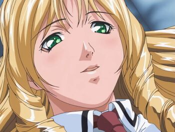 00s 1girl 2001 animated animated_gif bible_black bible_black_night_of_the_walpulgiss blonde_hair blush drill_hair drill_sidelocks green_eyes long_hair lying necktie nodding red_necktie school_uniform shiraki_rika shirt sidelocks smile solo tagme