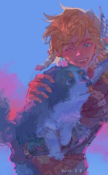 Rule 34 | animal, blonde hair, blue eyes, commentary, dated, dog, earrings, feather hair ornament, feathers, gloves, hair between eyes, hair ornament, highres, holding, holding animal, holding dog, jewelry, link, male focus, medium hair, nintendo, official alternate costume, olintsu7382, one eye closed, open mouth, pointy ears, sidelocks, smile, snowquill set (zelda), symbol-only commentary, the legend of zelda, the legend of zelda: breath of the wild, upper body, winter clothes