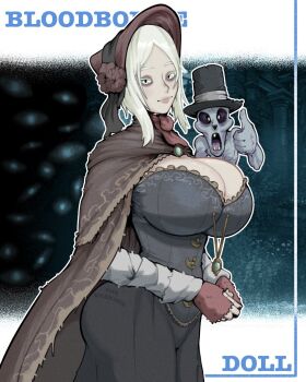 1girl alternate_breast_size_(larger) black_dress bloodborne blue_border bodice bonnet border breasts brooch brown_cloak character_name cleavage cloak colored_eyelashes commentary copyright_name cowboy_shot doll_joints dress english_commentary fingerless_gloves frills gloves green_eyes hat highres jewelry joints large_breasts lips long_sidelocks looking_at_viewer messengers_(bloodborne) outside_border own_hands_together pale_skin parted_bangs plain_doll red_bonnet red_gloves sidelocks signature smile solo_focus standing the_varking thumbs_up top_hat white_eyelashes white_hair