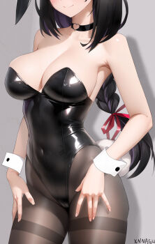 1girl animal_ears armpits bare_arms bare_shoulders black_hair black_leotard braid braided_ponytail breasts brown_pantyhose chinese_commentary choker cleavage closed_mouth collarbone commentary_request covered_navel cowboy_shot eyes_out_of_frame fake_animal_ears fake_tail fingernails grey_background hair_ribbon head_out_of_frame heart heart_choker highleg highres large_breasts leotard long_fingernails medium_hair original pantyhose playboy_bunny rabbit_ears rabbit_tail red_ribbon ribbon shiny_clothes simple_background single_braid skindentation smile solo strapless strapless_leotard tail thighs white_wrist_cuffs wrist_cuffs xnnagu