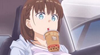1girl ai-chan_(tawawa) animated animated_gif blue_eyes braid breasts brown_hair bubble_tea bubble_tea_challenge car_interior cellphone collarbone cup disposable_cup drinking earrings getsuyoubi_no_tawawa iphone jacket jewelry large_breasts looking_down milk_tea mouth_hold object_on_breast phone purple_jacket purple_shirt shirt short_hair side_braid sitting smartphone solo striped_clothes striped_shirt