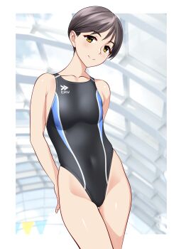 Rule 34 | 1girl, absurdres, black hair, black one-piece swimsuit, breasts, brown eyes, collarbone, commentary request, competition swimsuit, covered navel, glass ceiling, groin, highleg, highleg one-piece swimsuit, highres, indoors, looking at viewer, mature female, medium breasts, multicolored swimsuit, one-piece swimsuit, original, short hair, smile, solo, string of flags, swimsuit, takafumi, variant set