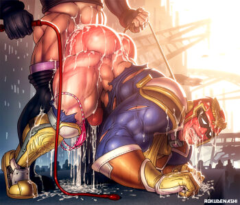 2boys abs ahegao anal armor artist_name ass bara biceps blush boots building captain_falcon cum cum_in_mouth cum_on_body f-zero fingerless_gloves gauntlets gloves helmet highres holding holding_whip huge_ass male_focus male_penetrated manly mature_male multiple_boys muscular muscular_arms muscular_legs muscular_male nintendo outdoors panties penis rokudenashi_(roku6enashi) shoulder_armor shoulder_pads signature sunlight thighs tongue tongue_out torn_clothes underwear whip yaoi
