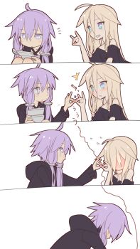 2girls ^^^ ahoge black_hoodie black_shirt blush commentary_request criss-cross_halter embarrassed expressionless flying_sweatdrops fox_shadow_puppet fox_shadow_puppet_kiss full-face_blush hair_between_eyes hair_flaps halterneck handheld_game_console highres holding holding_handheld_game_console hood hood_down hoodie ia_(vocaloid) long_hair long_sleeves multiple_girls nintendo_ds off-shoulder_shirt off_shoulder purple_hair pushing_down sequential shirt short_hair_with_long_locks simple_background surprised translation_request vocaloid voiceroid white_background yamadori_seika yuri yuzuki_yukari