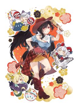 4girls :3 animal_ears antlers bandana bandana_around_neck bear_trap bird black_wings blonde_hair blue_dress blue_shirt blush boots breasts brown_hat cleavage closed_eyes commentary_request curly_hair dog_ears dog_girl dog_tail dragon_girl dragon_horns dragon_tail dress eagle eggplant game_cg green_tail grin hakurei_frontier_spell_strive hane_(hanetsuki) hanetsuki hat hatsuyume high_heel_boots high_heels highres holding holding_paddle holding_spork horns horseshoe kicchou_yachie kurokoma_saki long_hair looking_at_viewer mitsugashira_enoko mount_fuji multiple_girls multiple_tails new_year official_art open_mouth orange_skirt paddle pointy_ears ponytail red_boots red_eyes red_horns red_sleeves riding riding_bird sharp_teeth sheep_horns shirt signature skirt smile solo_focus spork tail teeth third-party_source touhou toutenkou toutetsu_yuuma transparent_background white_bandana wings yellow_horns