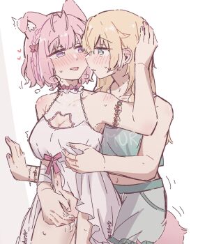 2girls animal_ears babydoll blonde_hair blue_eyes blush breasts cleavage cleavage_cutout clothing_cutout commentary ear_blush grabbing_another&#039;s_breast grabbing_from_behind green_shirt green_shorts groping hakui_koyori hand_on_another&#039;s_head highres hololive hzy_ka kazama_iroha long_hair multiple_girls open_mouth parted_lips pink_babydoll pink_hair protected_link purple_eyes reach-around shirt short_hair shorts symbol-only_commentary tail tongue tongue_out virtual_youtuber wolf_ears wolf_girl wolf_tail yuri