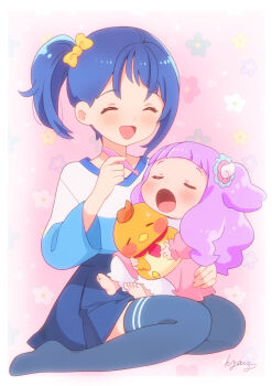 Rule 34 | 2girls, :d, baby, bird, bloomers, blue hair, blue skirt, blue thighhighs, bow, closed eyes, dress, ellee-chan, hair bow, happy, hirogaru sky! precure, holding, holding toothbrush, kyanos (b 0000ff), long sleeves, multicolored hair, multiple girls, no shoes, open mouth, pink background, pink dress, precure, purple hair, shirt, short hair, side ponytail, simple background, sitting, sitting on lap, sitting on person, skirt, smile, sora harewataru, thighhighs, toothbrush, two-tone background, two-tone hair, underwear, white background, yuunagi tsubasa, yuunagi tsubasa (bird)