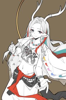 Rule 34 | 1girl, a deer of nine colors, animal ears, antlers, arknights, bandeau, bracelet, brown background, chinese commentary, closed mouth, commentary request, cowboy shot, crescent, crop top, earrings, green hair, hair behind ear, highres, horns, jewelry, long hair, looking at viewer, midriff, navel, necklace, nine-colored deer, outstretched hand, partially colored, piaoliu ping ping ping pingzi, red hair, shirt on shoulders, simple background, smile, solo, split mouth, standing