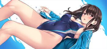 1girl blush breasts brown_hair cleavage comiket_106 commentary_request competition_swimsuit covered_navel hair_between_eyes hair_intakes jacket jacket_over_swimsuit large_breasts looking_at_viewer mizuhara_yuu one-piece_swimsuit original parted_lips pink_eyes pink_nails sideboob solo swimsuit thighs