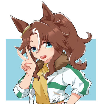 1girl :d beer_hsk blue_background blue_eyes brown_hair commentary_request cropped_jacket hair_between_eyes hand_up jacket long_hair long_sleeves looking_at_viewer mejiro_palmer_(umamusume) multicolored_hair open_clothes open_jacket open_mouth parted_bangs ponytail puffy_long_sleeves puffy_sleeves shirt smile solo streaked_hair two-tone_background umamusume upper_body very_long_hair white_background white_hair white_jacket yellow_shirt