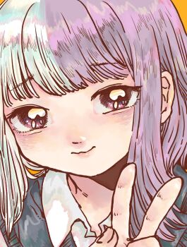 Rule 34 | 1girl, bad id, bad pixiv id, close-up, collared shirt, ebiebi, eyes visible through hair, female focus, highres, looking at viewer, medium hair, multicolored hair, orange background, original, portrait, purple eyes, purple hair, shirt, smile, solo, two-tone hair, v, white hair, white shirt