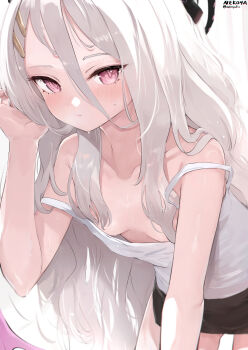 1girl absurdres artist_name black_halo blue_archive blush breasts demon_girl demon_horns demon_wings halo highres hina_(blue_archive) horns long_hair looking_at_viewer low_wings nekoya_(liu) purple_eyes shirt small_breasts solo sweat very_long_hair white_hair white_shirt wings
