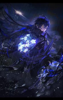 1boy antenna_hair aoiinu0125 arm_up black_capelet black_coat black_gloves blue_flower bouquet capelet closed_mouth clothing_cutout coat commentary_request crossed_bangs double-parted_bangs empty_eyes flins_(genshin_impact) floating_hair flower genshin_impact glove_cutout gloves glowing_flower hair_between_eyes highres holding holding_bouquet holding_lantern lantern lighthouse long_hair long_sleeves male_focus ocean outdoors rain sky sleeve_cuffs solo very_long_hair water water_drop wet wet_hair yellow_eyes