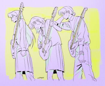 Rule 34 | 3girls, :d, arm at side, bocchi the rock!, clenched hand, closed mouth, collared shirt, commentary, crossover, dress shirt, ear piercing, electric guitar, english commentary, feet out of frame, fender telecaster, from side, futsuu no keion-bu, gibson les paul, gotoh hitori, guitar, guitar strap, hair bun, hand on own head, hatono chihiro, highres, holding, holding guitar, holding instrument, instrument, instrument connection, jacket, kininatteru hito ga otoko ja nakatta, koga mitsuki, leaning forward, long hair, long sleeves, looking at viewer, multiple girls, multiple monochrome, neck ribbon, nervous, nervous sweating, open mouth, pants, pants under skirt, piercing, pleated skirt, profile, purple theme, ribbon, school uniform, shirt, short hair, short sleeves, signature, single hair bun, skirt, small sweatdrop, smile, standing, stcharls st, sweat, track jacket, track pants, track suit, trait connection, wristband, yamaha pacifica, yellow background