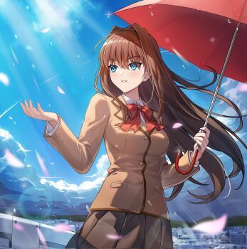 1girl aozaki_aoko blue_eyes blue_sky bow bowtie breasts brown_hair brown_jacket brown_skirt buttons chinese_commentary cityscape cloud collared_shirt commentary dress_shirt facing_viewer falling_petals floating_hair hair_between_eyes hair_intakes highres holding holding_umbrella jacket lapels long_hair long_sleeves looking_to_the_side mahou_tsukai_no_yoru medium_breasts miniskirt outstretched_arm parted_bangs parted_lips petals pink_petals pocket private_misaki_high_school_uniform red_bow red_bowtie red_umbrella school_uniform shenqi_xiao_hong_zai_nali shirt sidelocks skirt sky smile solo striped_clothes striped_jacket umbrella vertical-striped_clothes vertical-striped_jacket white_shirt