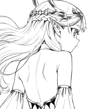 1girl anastasia_empirial back backless_outfit bare_shoulders bareback braid closed_mouth detached_sleeves elf female_focus from_behind gold_tiara hair_ornament highres long_earlobes long_hair monochrome official_art otosama petite pointy_ears senki_survival_saga_-_isekai_no_unmei_wo_kaketa_mujintou_fujun_iseikouyuu sleeveless solo solo_focus