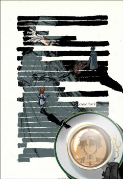 Rule 34 | 1girl, 2boys, black hair, blackout poetry, censored, censored text, chaldea uniform, cloak, coffee mug, commentary, cup, edmond dantes (fate), english commentary, english text, fate/grand order, fate (series), fedora, from above, fujimaru ritsuka (female), fujimaru ritsuka (male), green cloak, grey hair, hat, highres, mug, multiple boys, multiple views, orange hair, pan (idontlikebreadd), pov, pov hands, redaction, reflection, stairs