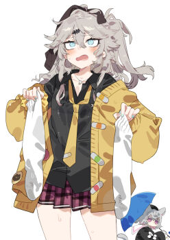 2girls animal_ears black_shirt blue_eyes blush cardigan cat_ears cat_girl cat_tail collared_shirt commentary fang grey_hair hair_between_eyes holding holding_sock holding_umbrella jewelry karei kasukabe_tsumugi long_hair long_sleeves multiple_girls necklace necktie open_cardigan open_clothes open_mouth plaid_clothes plaid_skirt sailor_collar sayo_(voicevox) shirt simple_background skirt socks symbol-only_commentary tail umbrella unworn_socks voicevox wet wet_clothes wet_socks white_background white_sailor_collar white_socks yellow_cardigan yellow_necktie