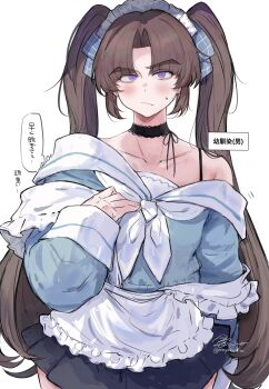 1boy absurdres ayase_ayato_(imamiya_pinoko) bare_shoulders black_skirt brown_hair closed_mouth collarbone commentary_request crossdressing crossdressing_(mtf) highres imamiya_pinoko long_hair male_focus neckerchief original pleated_skirt purple_eyes skirt solo speech_bubble sweatdrop thought_bubble translation_request twintails twitter_username white_neckerchief