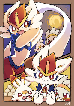 1girl 2koma 2others absurdres animal_nose arms_up artist_name blue_fur blush body_fur border bowl bright_pupils brown_border buck_teeth cinderace closed_mouth comic covered_mouth cowboy_shot day flat_chest food foodification furry furry_female gen_8_pokemon grey_fur hammer hands_up happy head_tilt highres holding holding_food holding_hammer light_blush looking_at_another looking_at_viewer looking_up minamo_(pixiv17726065) mochi mochitsuki multiple_others multiple_views nintendo open_mouth outdoors pokemon pokemon_(creature) rabbit_ears rabbit_girl rabbit_tail raboot red_eyes red_fur red_hair scorbunny short_hair signature smile standing sun teeth upper_body white_fur white_pupils