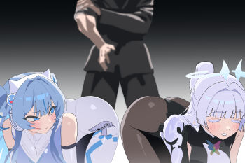 1boy 2girls absurdres all_fours animal_ear_headphones animal_ears black_pants black_pantyhose black_shirt blue_eyes blue_hair blush bodysuit breasts commander_(nikke) commentary english_commentary fake_animal_ears goddess_of_victory:_nikke gradient_background halo headphones highres imminent_spanking large_breasts long_hair looking_at_another looking_back mechanical_arms mekami_shifty_(nikke) microphone multiple_girls muscular muscular_male nayuta_(nikke) pants pantyhose shirt short_twintails single_mechanical_arm smile standing tongue tongue_out twintails wge white_bodysuit white_hair white_halo