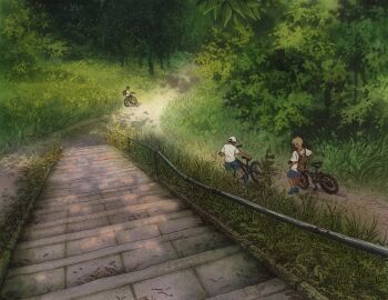 3boys bag bicycle black_hair blonde_hair brown_hair bush child day foliage forest from_behind grass hat highres multiple_boys nature original outdoors overgrown path plant riding riding_bicycle road scenery shirt shoes short_hair short_sleeves stairs tree vinsenta white_shirt