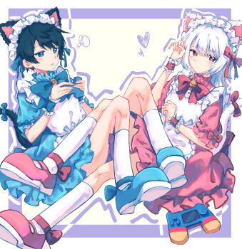 2boys akinashi_haru animal_ears april_fools_2025_cat_ear_maid_outfit_(saihate_eki) apron black_hair blue_dress blue_eyes bow cat_boy cat_ears cat_tail chinese_commentary commentary_request controller crossdressing crossdressing_(mtf) dress game_controller hair_bow highres holding holding_controller holding_game_controller invisible_chair kneehighs knees_up maid maid_apron male_focus male_maid matching_outfits multiple_boys pink_dress saihate_eki sitting socks tail tail_bow tail_ornament tatsunami_shion white_apron white_hair white_socks wubaiwubai00981