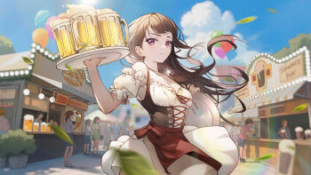 Rule 34 | 1girl, absurdres, apron, artist request, balloon, bang dream!, bang dream! it's mygo!!!!!, beer mug, black corset, blurry, blurry background, breasts, cleavage, closed mouth, cloud, commentary request, commission, corset, cup, day, dd wan su, dress, floating hair, german commentary, german text, highres, holding, holding tray, looking at viewer, medium breasts, mug, oktoberfest, outdoors, people, purple eyes, red apron, second-party source, shiina taki, sky, solo, translation request, tray, waist apron, white dress