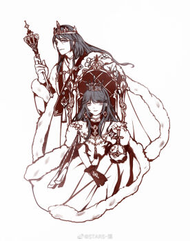 black_hair cape character_request chinese_commentary collared_dress commentary_request crown dress earrings frilled_gloves frills fur-trimmed_cape fur_trim gloves gold_crown gold_necklace gown grey_eyes high_collar highres holding holding_scepter jewelry king lilith_(shining_nikki) long_hair long_sleeves necklace nikki_(series) open_mouth queen red_cape red_gloves scepter shining_nikki sidelocks simple_background sitting sitting_on_throne smile stars_zhangzhang throne white_background white_dress wide_sleeves