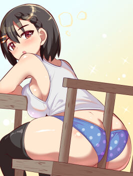 1girl ass bare_shoulders between_buttocks blush braid breast_press breasts brown_hair butt_crack chair cougar_(cougar1404) from_behind hair_ornament hairclip half_updo huge_ass large_breasts looking_at_viewer open_mouth original panties red_eyes short_hair sideboob sitting solo tank_top thick_thighs thighhighs thighs underwear