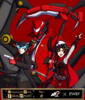 1boy 1girl 1other adricarra amamiya_ren artist_name black_coat black_hair black_pants black_pantyhose cape coat crescent_rose crossover dress fingerless_gloves flower gloves gun handgun highres holding holding_gun holding_scythe holding_weapon joker_(persona_5) multicolored_hair pants pantyhose persona persona_5 raoul_(persona_5) red_background red_cape red_dress red_flower red_gloves red_hair red_rose rose ruby_rose rwby scythe short_hair simple_background smile two-tone_hair weapon