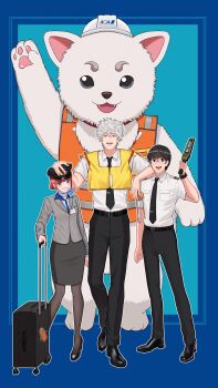 1girl 2boys absurdres animal belt belt_buckle black_hair black_hat black_necktie black_pants black_pantyhose black_shoes black_skirt blue_background breast_pocket brown_eyes buckle collared_shirt commentary_request dog flight_attendant full_body gintama glass grey_jacket grin hand_on_another&#039;s_head hand_on_handle handheld_metal_detector hat high-visibility_clothing high_heels highres holding id_card jacket justaway kagura_(gintama) kiunchiku lapels looking_at_viewer multiple_boys neckerchief necktie office_lady open_mouth orange_hair oversized_animal pants pantyhose parted_lips peaked_cap pencil_skirt pocket red_eyes rolling_suitcase sadaharu sakata_gintoki shimura_shinpachi shirt shirt_tucked_in shoes skirt smile standing suitcase tie_clip travel_attendant watch white_hair white_shirt wing_collar wristwatch