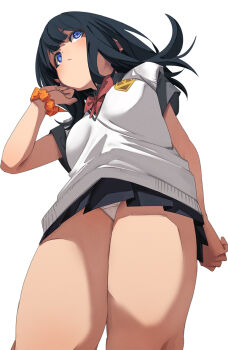 1girl black_hair black_skirt blue_eyes bow bowtie closed_mouth from_below fu-ta gridman_universe highres medium_hair orange_scrunchie panties red_bow red_bowtie school_uniform scrunchie simple_background skirt solo ssss.gridman sweater_vest takarada_rikka thick_thighs thighs underwear white_background white_panties white_sweater_vest wrist_scrunchie