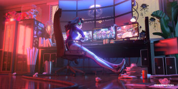 Rule 34 | absurdres, bodysuit, bonsai, book, cable, can, chair, closet, commentary request, computer, computer keyboard, computer tower, crossed legs, d.va (overwatch), day, desk lamp, flower pot, full body, gaming chair, hands on keyboard, highres, indoors, juice, lamp, leotard, monitor, multiple monitors, multiple screens, no shoes, overwatch, photo (object), picture frame, plant, playing games, purple bodysuit, purple leotard, screen, shadow, soda, sunlight, sunset, swivel chair, trash can, tuopusa, wallpaper (object), window, window blinds, wooden floor