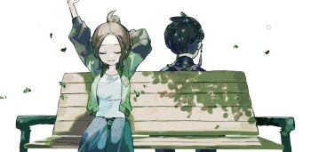 1boy 1girl black_hair brown_hair chair collared_shirt commentary corbeau_(pokemon) green_jacket harmony_(pokemon) jacket nintendo open_clothes open_jacket pants pokemon pokemon_legends:_z-a purple_shirt shirt short_hair smile stretching symbol-only_commentary white_shirt zui_fz