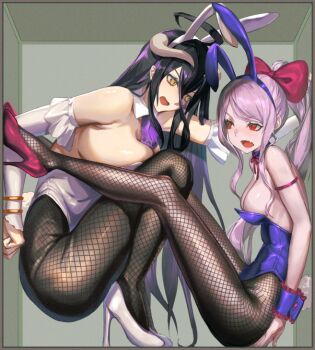2girls albedo_(overlord) animal_ears black_hair breasts commentary_request detached_collar eyelashes fake_animal_ears fang fishnet_pantyhose fishnets high_heels horns large_breasts long_hair multiple_girls open_mouth overlord_(maruyama) pantyhose playboy_bunny ponytail purple_hair rabbit_ears red_eyes scrunchie shalltear_bloodfallen skin_fang slit_pupils stuck_in_a_box tsugu0302 wrist_scrunchie yellow_eyes