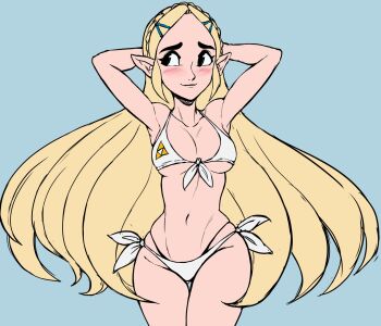 arms_behind_head bare_shoulders bikini blonde_hair blush braid breasts cleavage cleft_of_venus front-tie_bikini_top front-tie_top hair_ornament hairclip highres long_hair midriff navel nintendo pointy_ears princess_zelda side-tie_bikini_bottom swimsuit teevo the_legend_of_zelda the_legend_of_zelda:_breath_of_the_wild triforce underboob