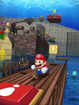 Rule 34 | !, ! block, 1boy, ? block, absurdres, blue eyes, blue overalls, bob-omb buddy, bridge, brown hair, brown shoes, chuckya, coin, electricity, facial hair, gloves, hat, highres, male focus, mario, mario (series), mustache, nintendo, outdoors, overalls, red hat, reflection, reflective liquid, sasaki sakiko, shoes, skeeter (mario), solo, standing, super mario 64, super star (mario), twitter username, walking, water, white gloves, wooden bridge