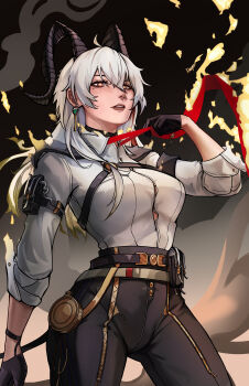 1girl absurdres adjusting_clothes adjusting_necktie ahoge arm_pouch armband black_armband black_gloves black_horns black_pants button_gap chest_harness collared_shirt commentary cowboy_shot curled_horns earrings english_commentary gloves hair_between_eyes harness high-waist_pants highres horns jewelry key_earrings klazyvn long_hair looking_at_viewer mole mole_under_eye multicolored_hair necktie pants parted_lips red_eyes shirt shirt_tucked_in solo streaked_hair white_shirt wuthering_waves zani_(wuthering_waves)