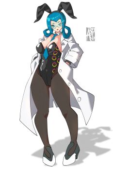 1girl absurdres adapted_costume aryi077 blue_eyes blue_hair blue_necktie breasts coat full_body glasses hair_rings hands_in_pockets highres lab_coat mable_(pokemon) medium_breasts necktie nintendo pokemon pokemon_legends:_z-a shadow simple_background solo white_coat