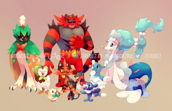 bird blue_eyes brionne cat closed_eyes colored_sclera dartrix decidueye evolution evolutionary_line furry gen_7_pokemon group_picture incineroar litten nintendo open_mouth owl pokemon pokemon_(creature) pokemon_sm popplio primarina rowlet seal_(animal) sitting starter_pokemon_trio striped tail torracat wings yellow_sclera zerudez