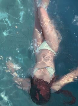 1girl bikini braid braided_ponytail breasts chainsaw_man from_above highres long_hair makima_(chainsaw_man) medium_breasts mymzi ocean outdoors red_hair solo submerged swimsuit white_bikini