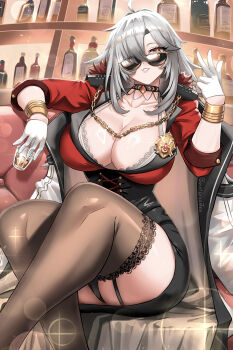 1girl ahoge black_corset black_garter_straps black_panties black_thighhighs bottle bracelet breasts burnt_green_tea chain choker cleavage coat coat_on_shoulders commentary corset couch crossed_ankles english_commentary garter_straps gloves gold_bracelet grey_hair half_gloves high-waist_skirt highres huge_breasts indie_virtual_youtuber jacket jewelry lace-trimmed_choker lace_trim long_hair panties parted_lips pencil_skirt red_jacket red_shirt shirt sitting skirt solo sunglasses taut_clothes taut_skirt thighhighs underwear virtual_youtuber white_gloves zentreya zentreya_(cyborg) zentreya_(cyborg)_(regal)