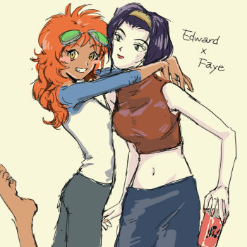 Rule 34 | 2girls, aged up, arms around neck, barefoot, cowboy bebop, dark-skinned female, dark skin, edward wong hau pepelu tivrusky iv, faye valentine, goggles, goggles on head, green eyes, highres, hug, midriff, multiple girls, ngt, orange hair, purple hair, yellow eyes, yuri